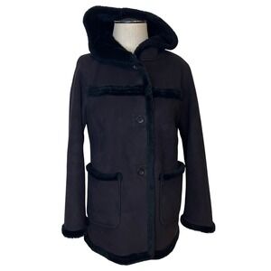 Comme Ca Ism Japan Women's Black Long Sleeve Faux Leather/Fur trim Coat Size‎ M